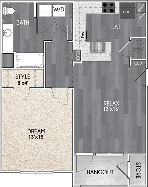 Floor plan for 1 bed, 1 bath, 785 sqft